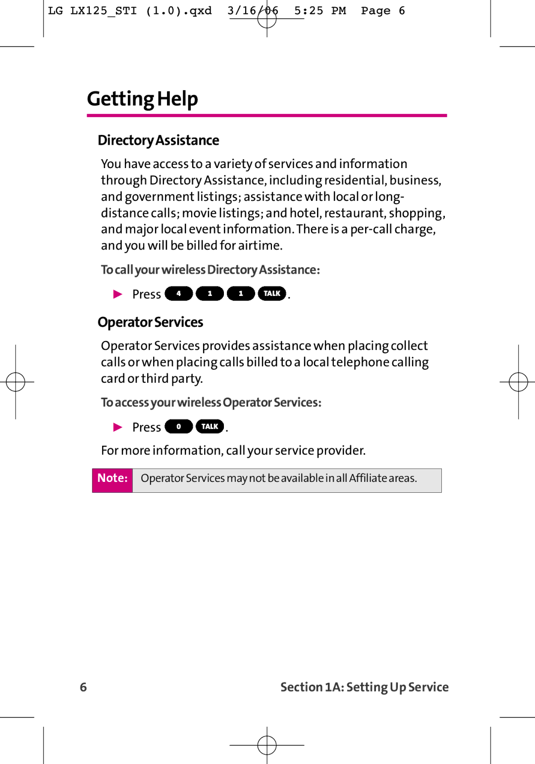 LG Electronics LX125 manual Getting Help, OperatorServices, TocallyourwirelessDirectoryAssistance 