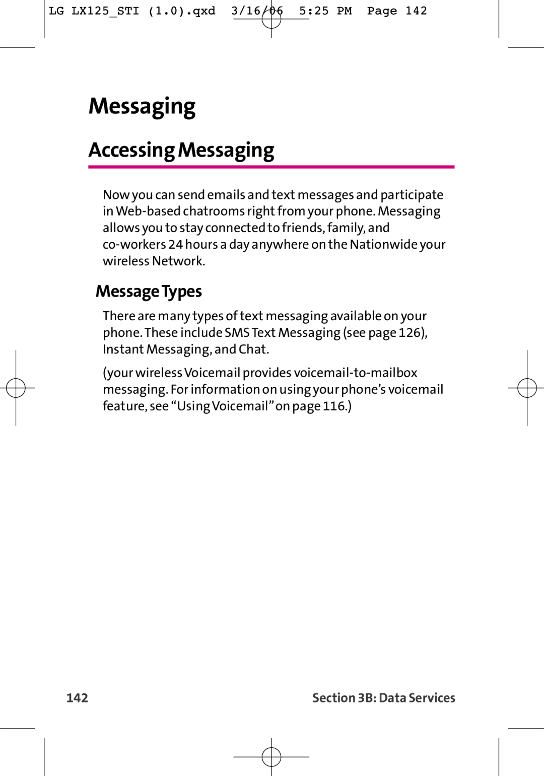 LG Electronics LX125 manual Accessing Messaging, MessageTypes, 142 