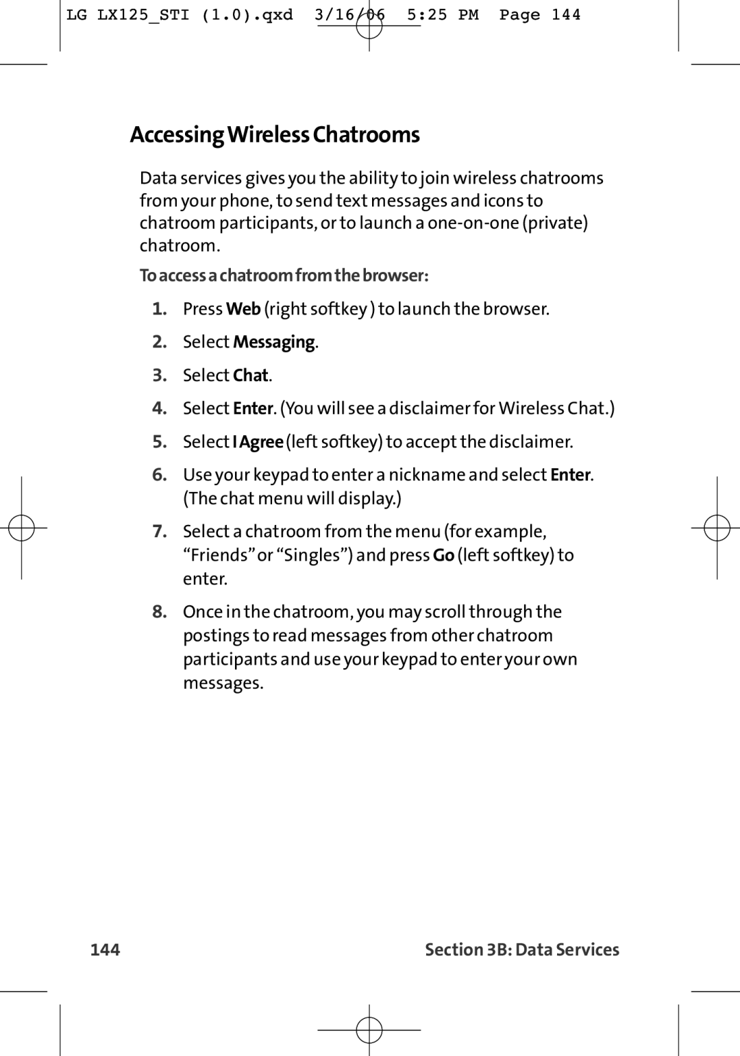 LG Electronics LX125 manual AccessingWirelessChatrooms, Toaccessachatroomfromthebrowser, Select Messaging, 144 