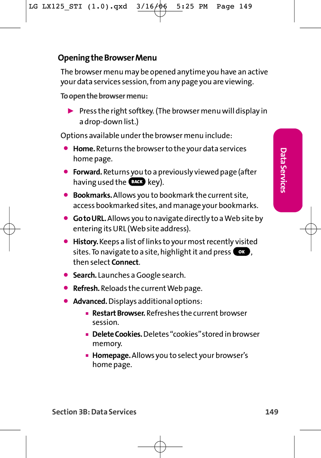 LG Electronics LX125 manual OpeningtheBrowserMenu, Toopenthebrowsermenu, Data Services 149 