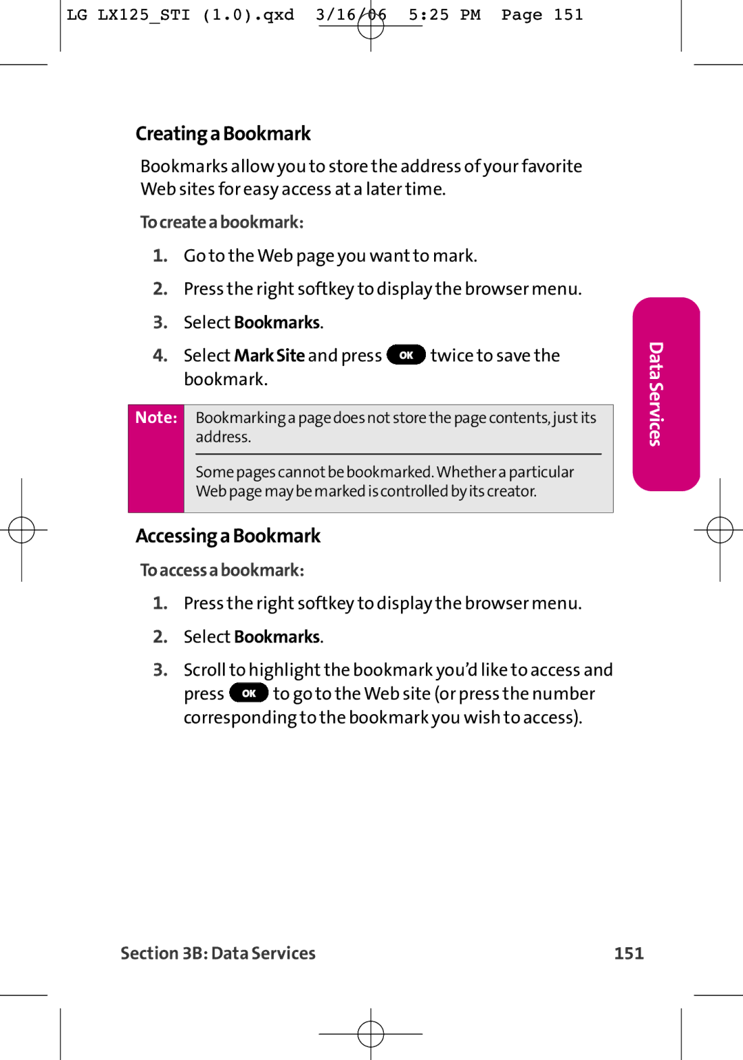 LG Electronics LX125 manual CreatingaBookmark, AccessingaBookmark, Tocreateabookmark, Toaccessabookmark, Data Services 151 