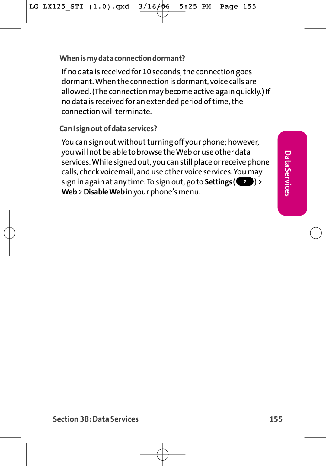 LG Electronics LX125 manual Whenismydataconnectiondormant?, CanIsignoutofdataservices?, Data Services 155 