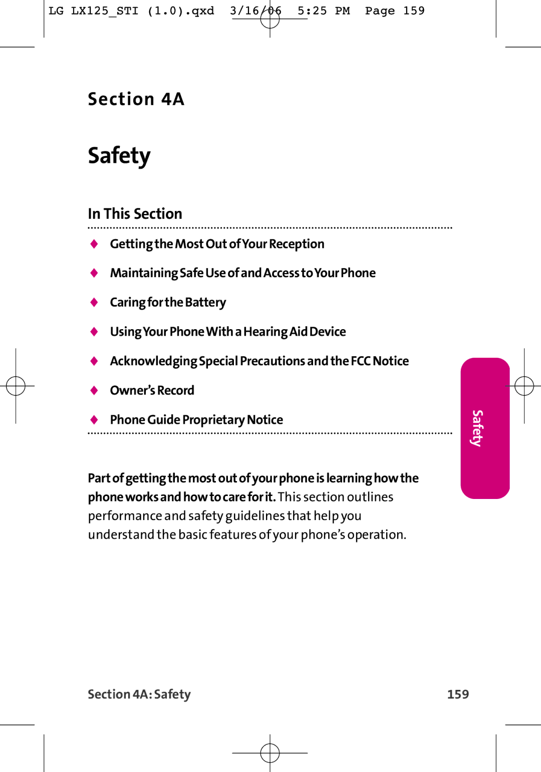 LG Electronics LX125 manual Safety 159 