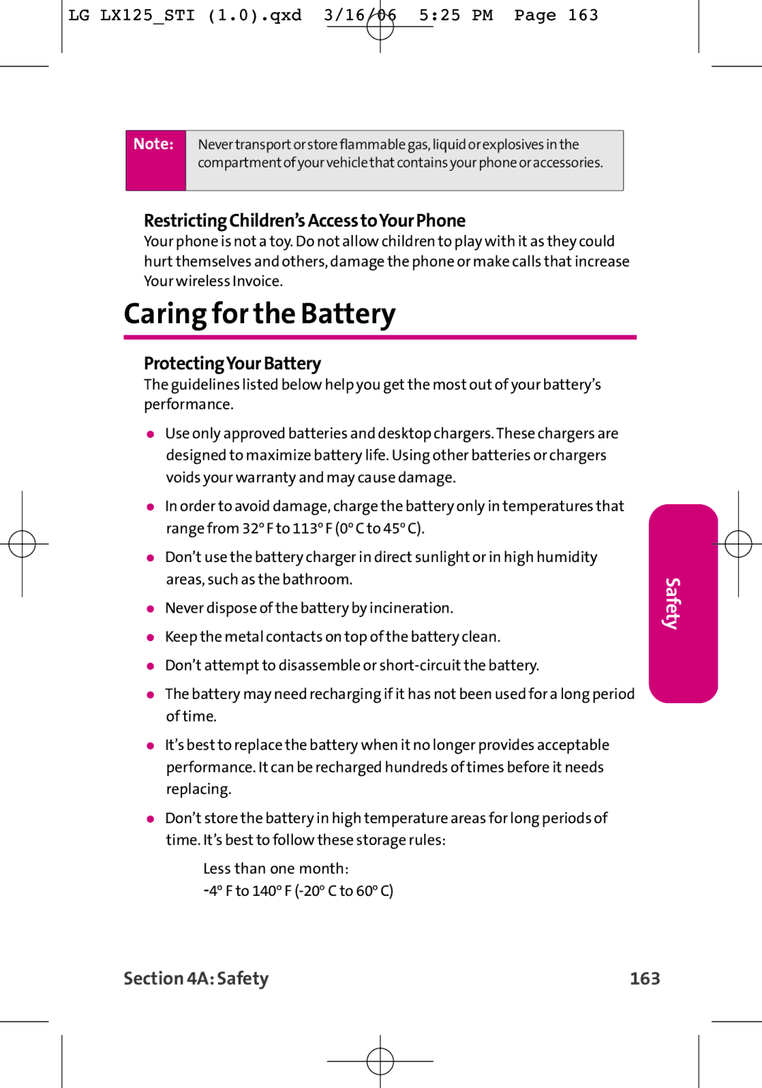 LG Electronics LX125 Caring for the Battery, RestrictingChildren’sAccesstoYourPhone, ProtectingYourBattery, Safety 163 