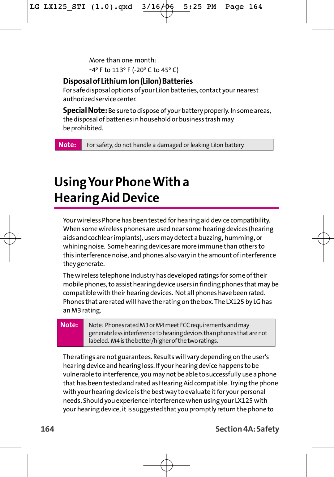 LG Electronics LX125 manual Using Your Phone With a Hearing Aid Device, DisposalofLithiumIonLiIonBatteries, 164 