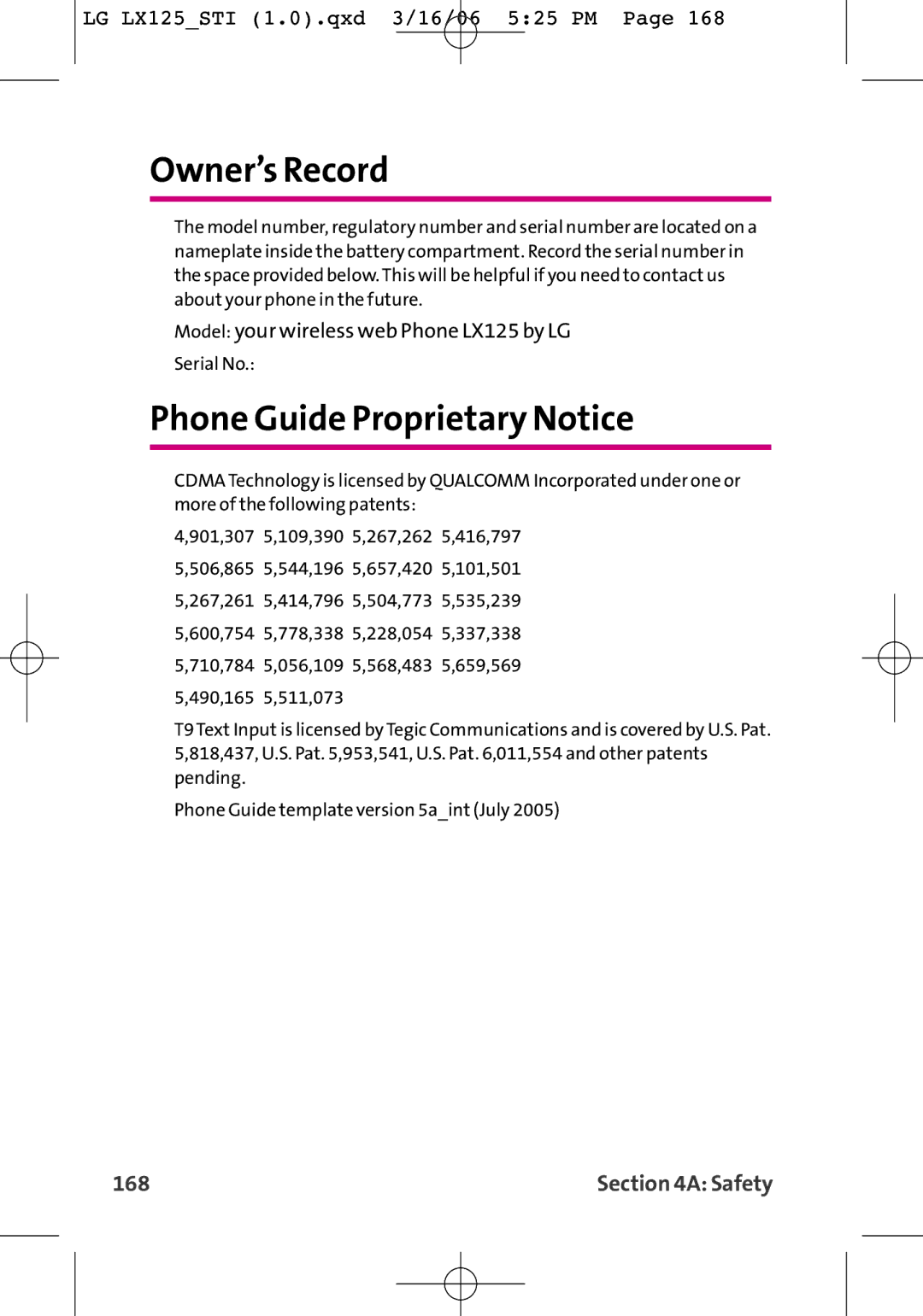 LG Electronics LX125 manual Owner’s Record, Phone Guide Proprietary Notice, 168 