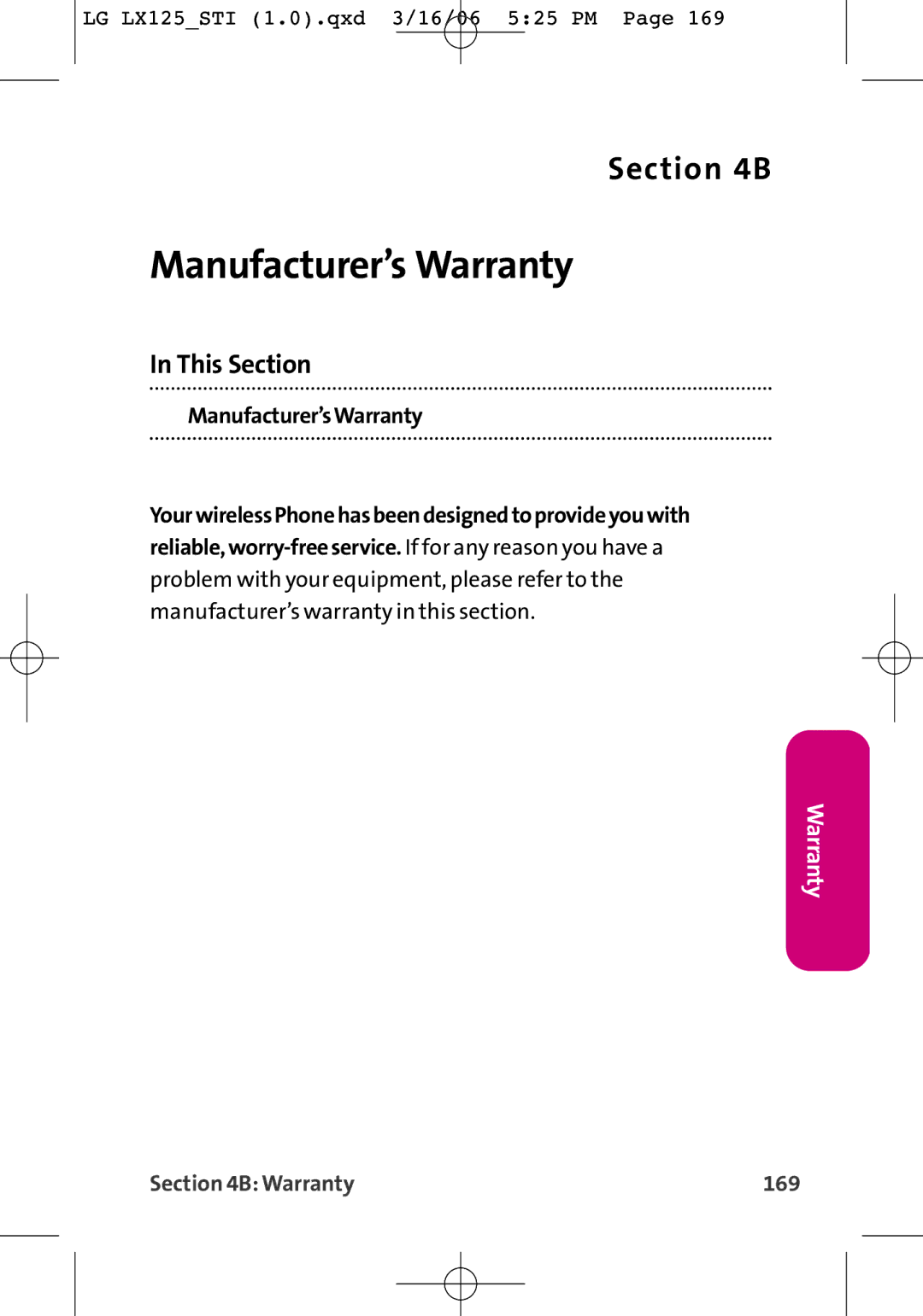 LG Electronics LX125 manual Manufacturer’s Warranty, Manufacturer’sWarranty, Warranty 169 