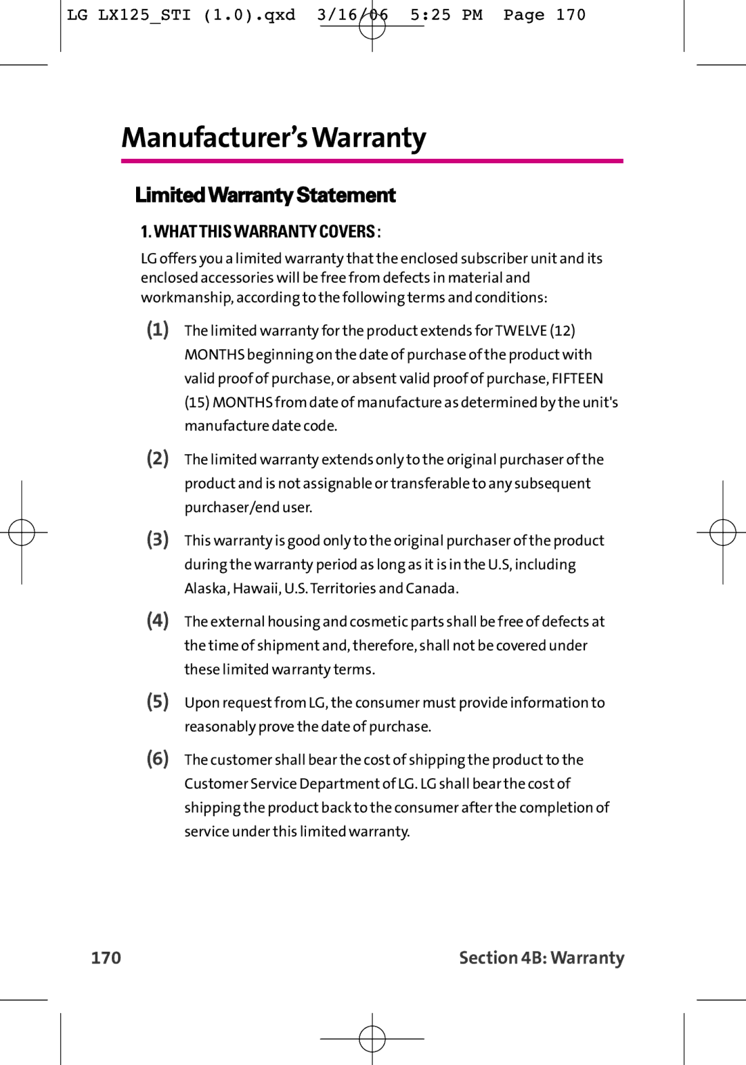 LG Electronics LX125 manual Manufacturer’sWarranty, LimitedWarranty Statement, 170 