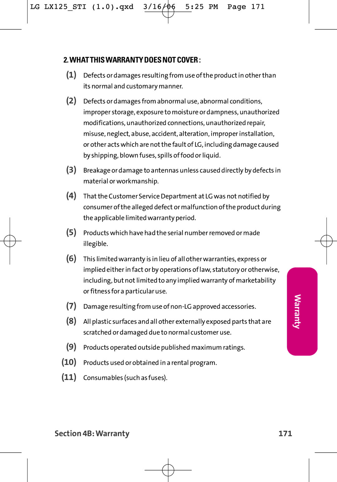 LG Electronics LX125 manual What this Warranty does not Cover, Warranty 171 