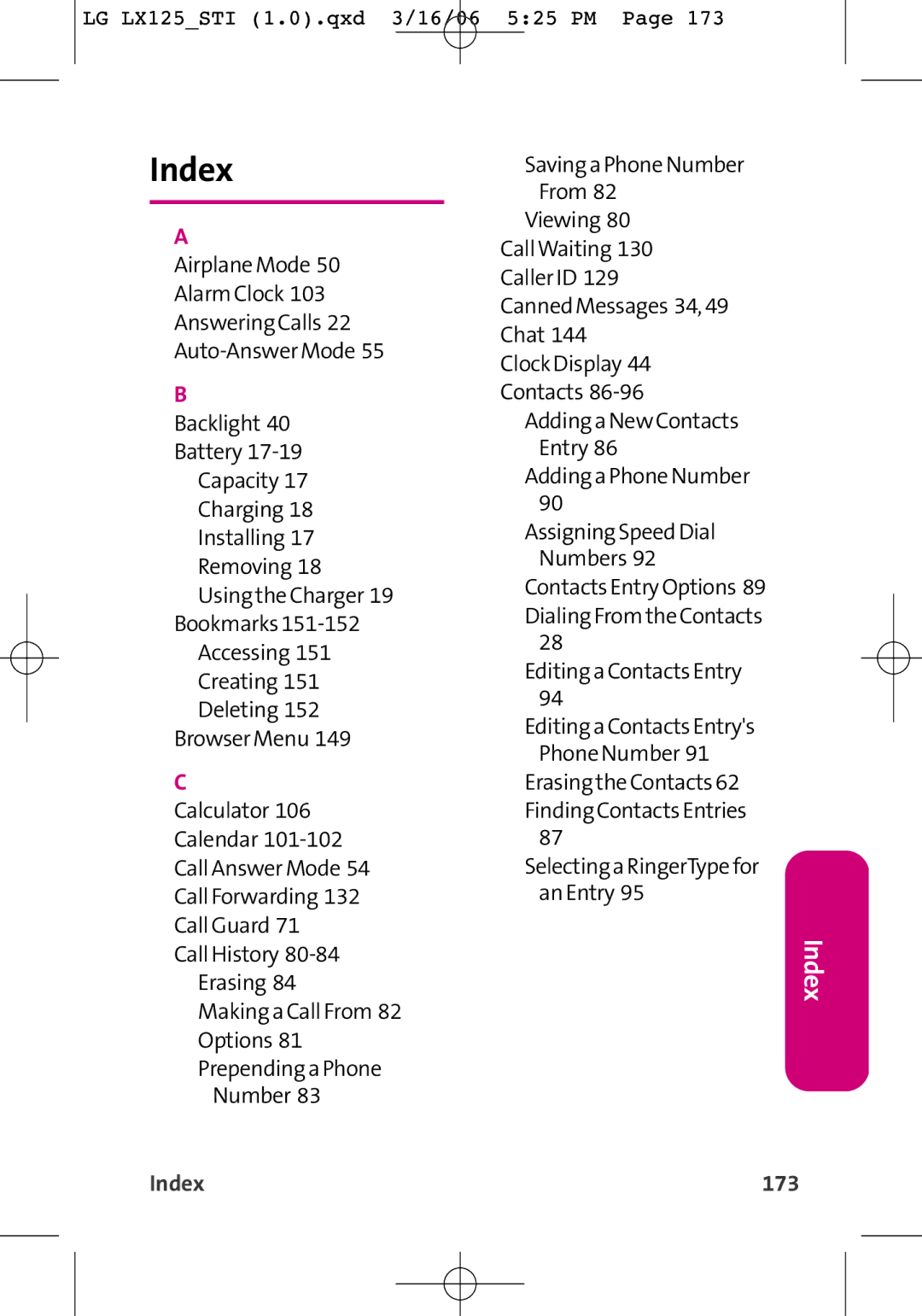 LG Electronics LX125 manual Index 173 