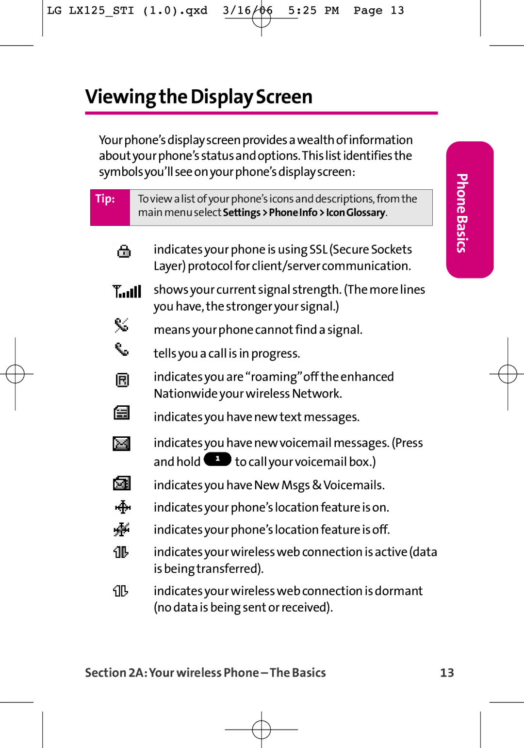 LG Electronics LX125 manual Viewing the Display Screen, Main menu select SettingsPhoneInfoIconGlossary 