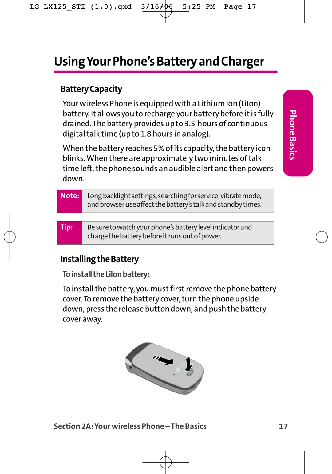 LG Electronics LX125 manual BatteryCapacity, InstallingtheBattery, ToinstalltheLiIonbattery 