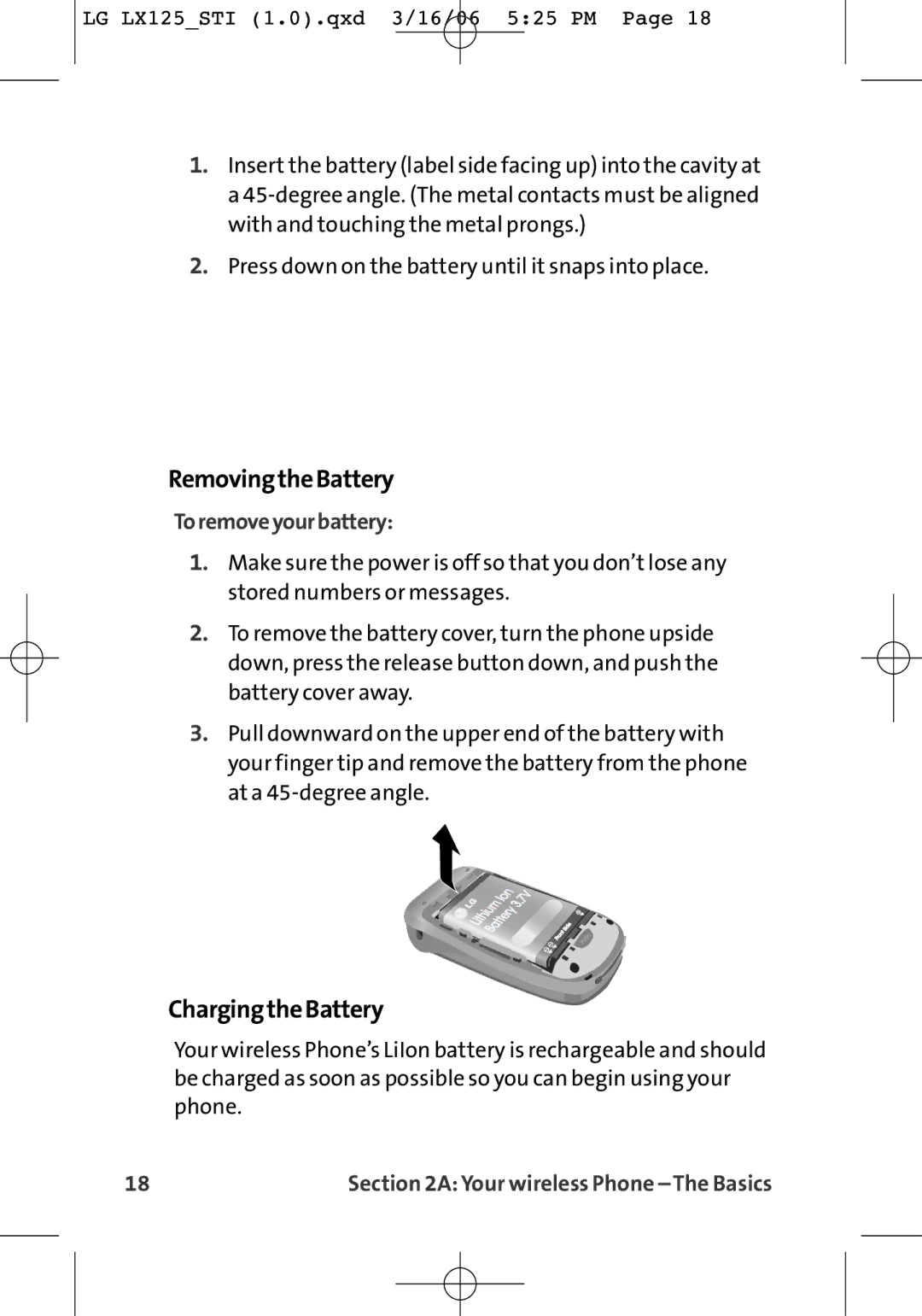 LG Electronics LX125 manual RemovingtheBattery, ChargingtheBattery, Toremoveyourbattery 