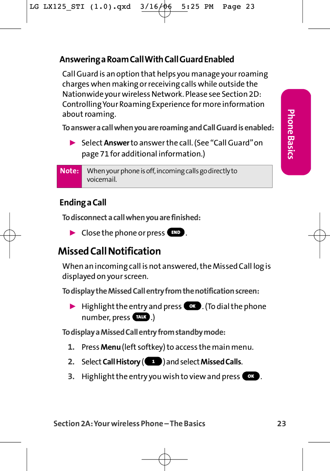 LG Electronics LX125 manual Missed Call Notification, AnsweringaRoamCallWithCallGuardEnabled, EndingaCall 