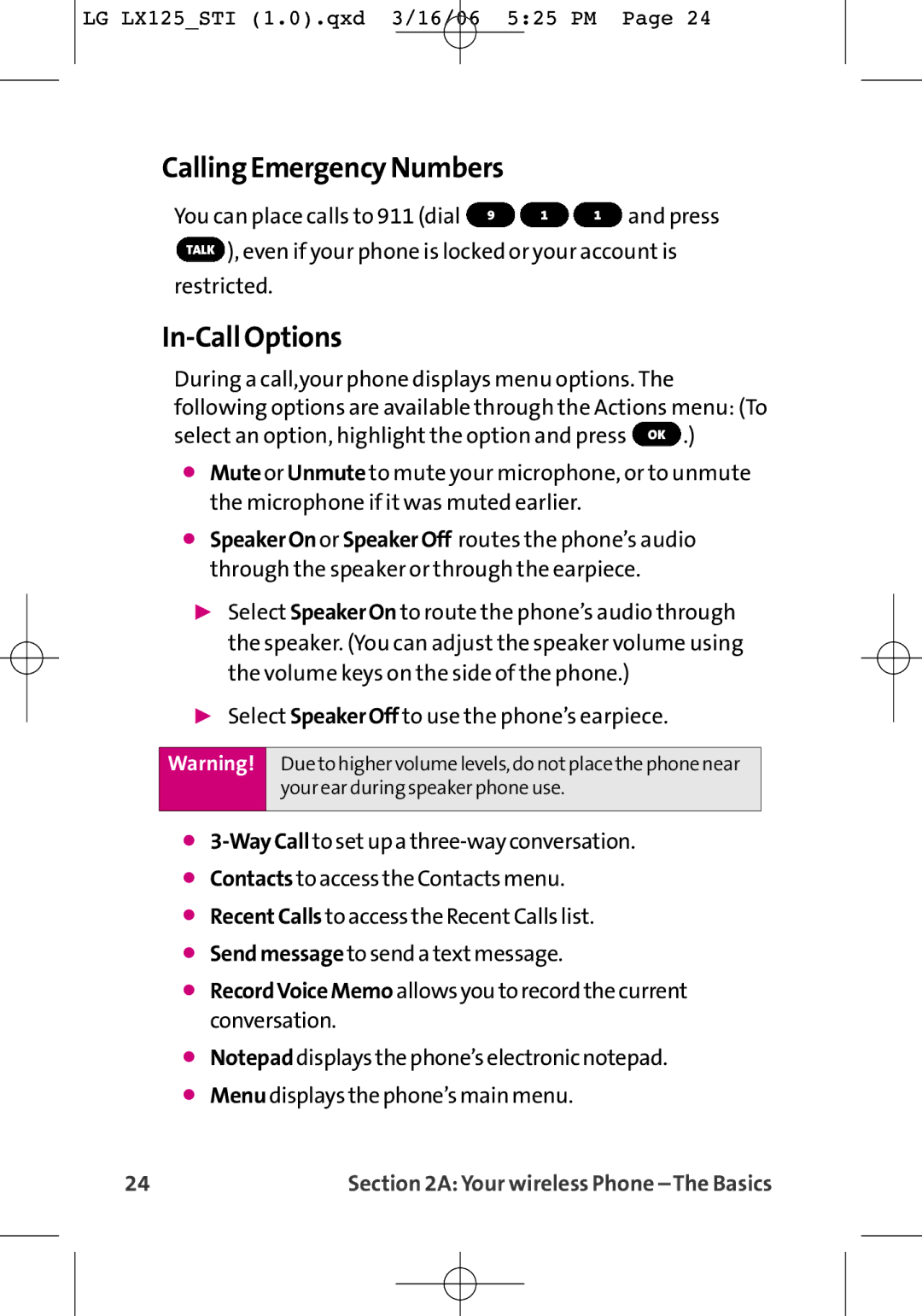 LG Electronics LX125 manual Calling Emergency Numbers, In-Call Options 