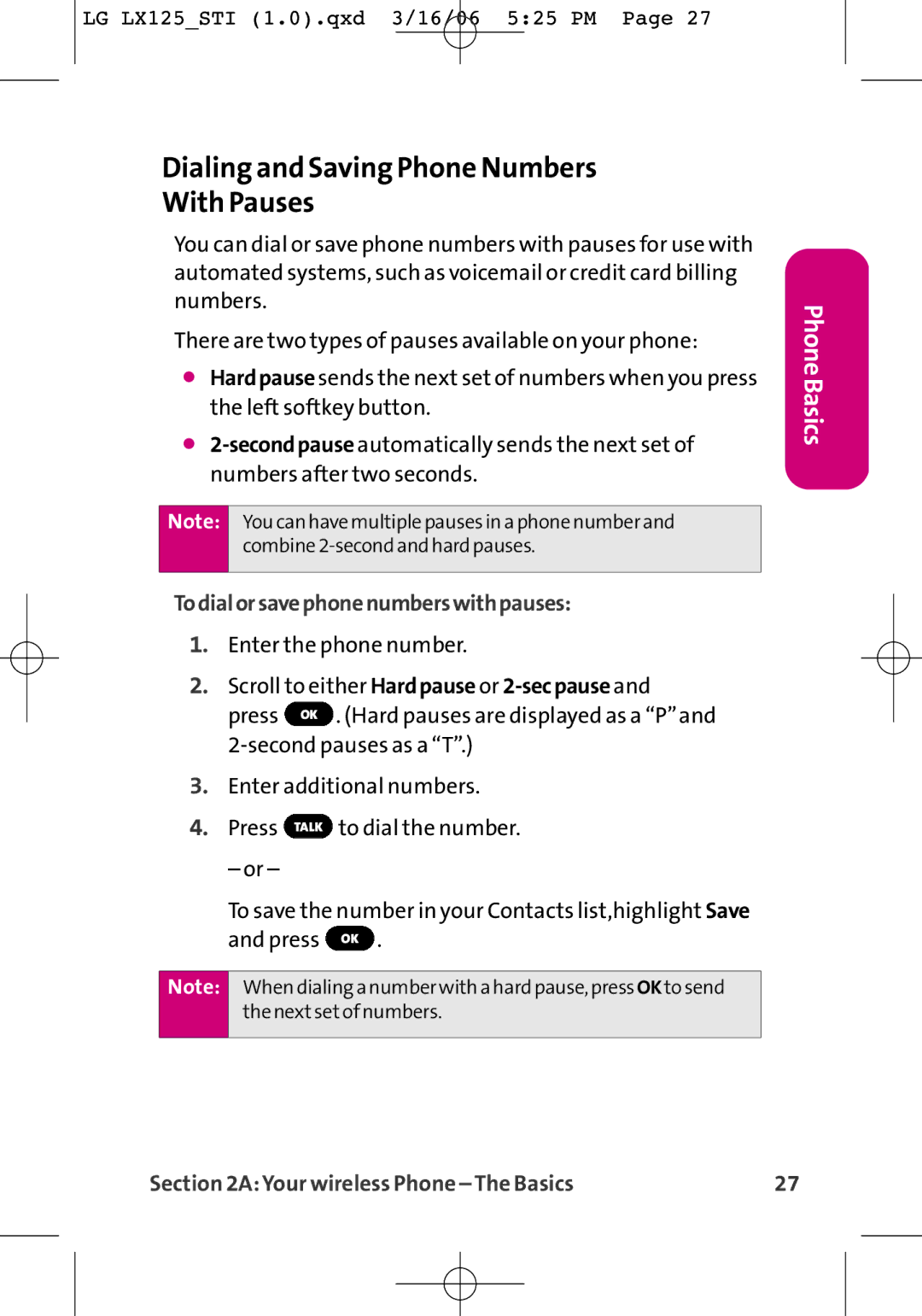 LG Electronics LX125 manual Dialing and Saving Phone Numbers With Pauses, Todialorsavephonenumberswithpauses 