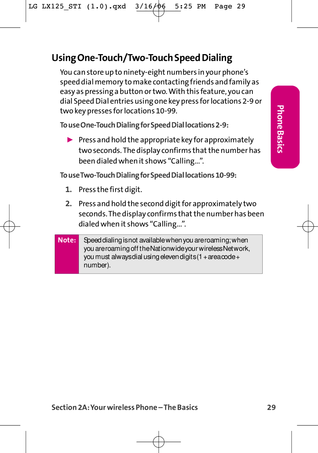 LG Electronics LX125 manual Using One-Touch/Two-Touch Speed Dialing, TouseOne-TouchDialingforSpeedDiallocations2-9 