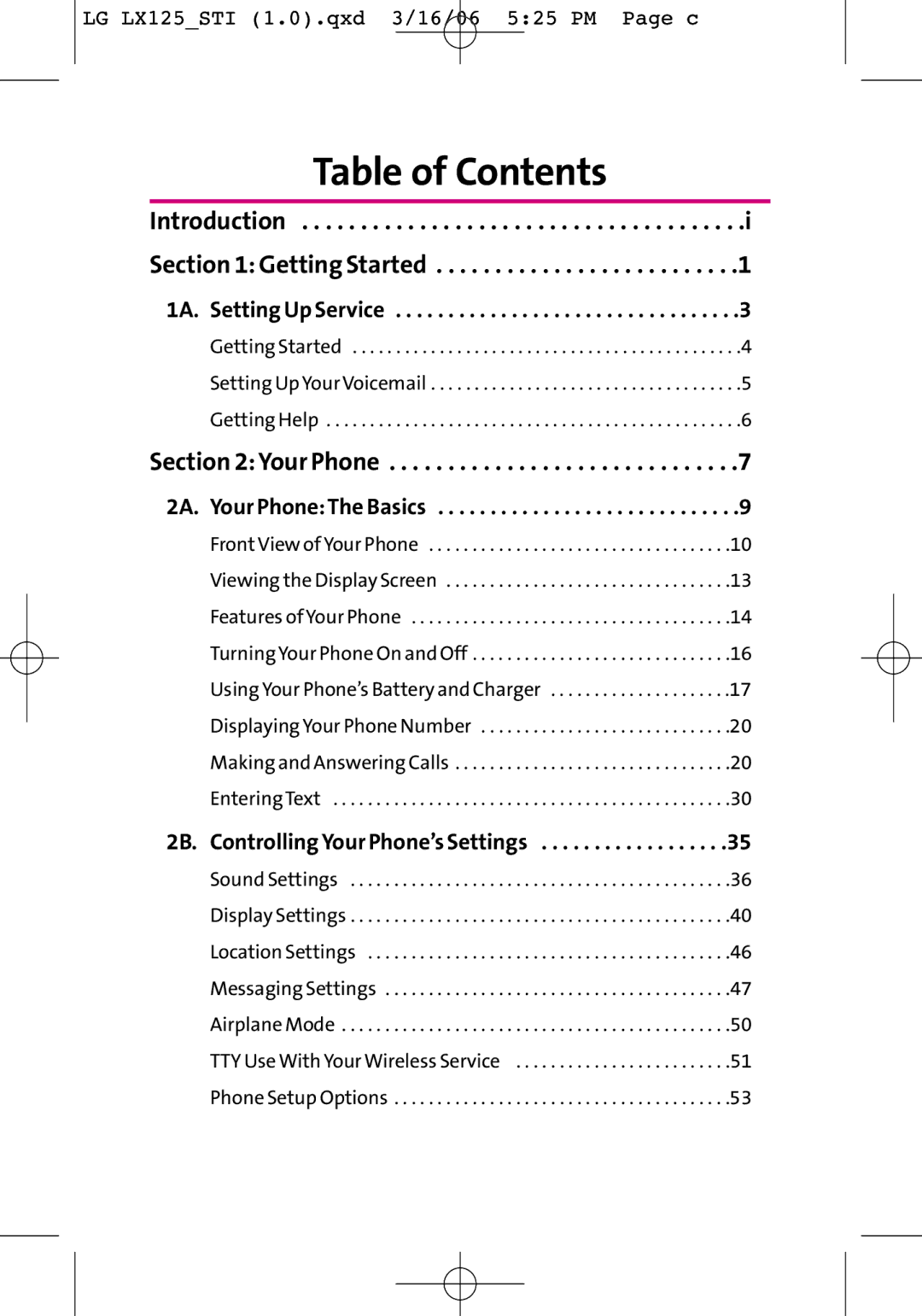 LG Electronics LX125 manual Table of Contents 