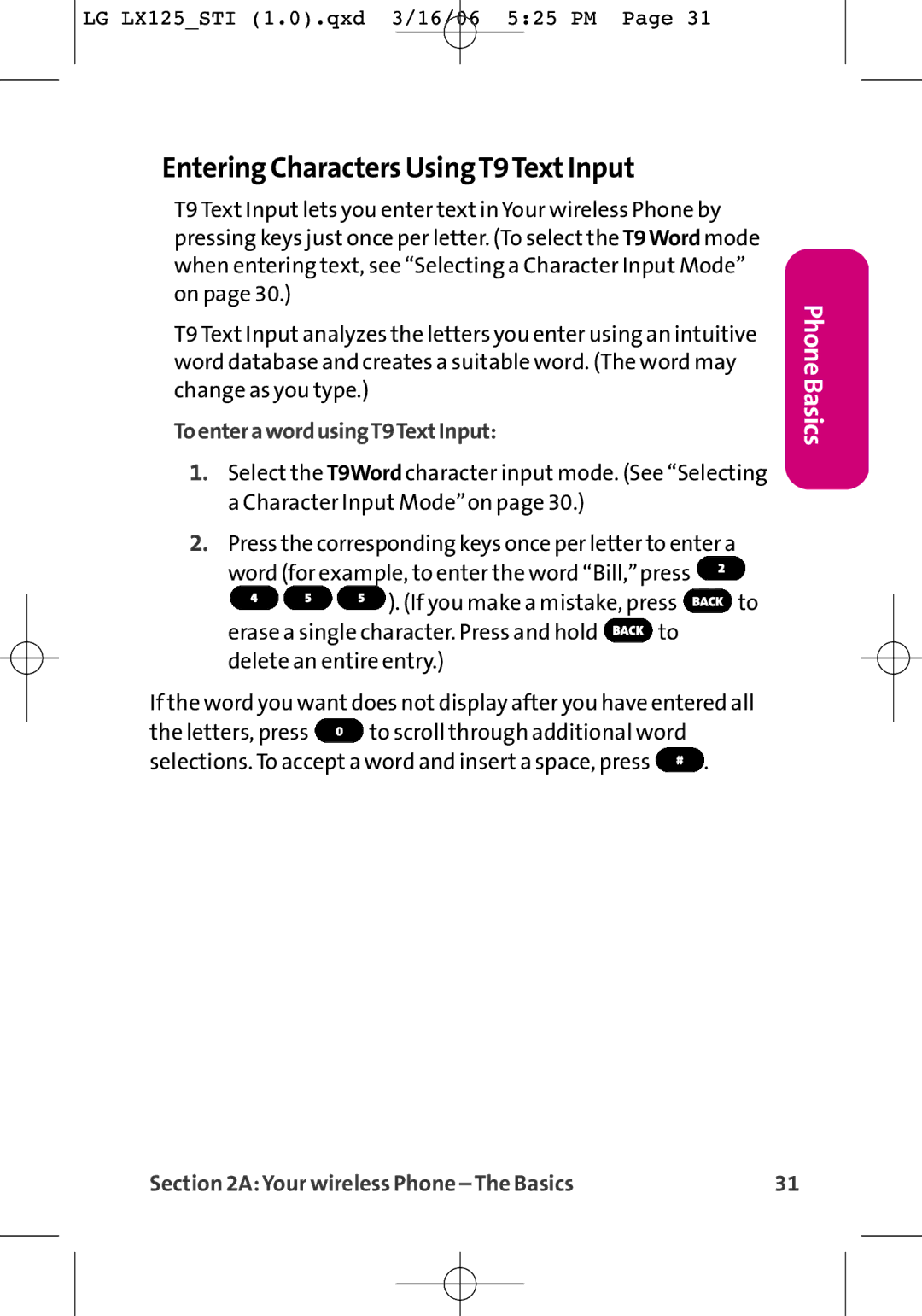 LG Electronics LX125 manual Entering Characters UsingT9TextInput, ToenterawordusingT9TextInput 