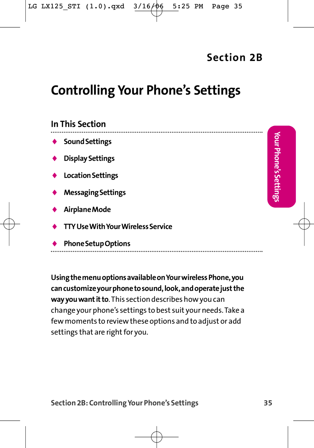 LG Electronics LX125 manual Controlling Your Phone’s Settings 