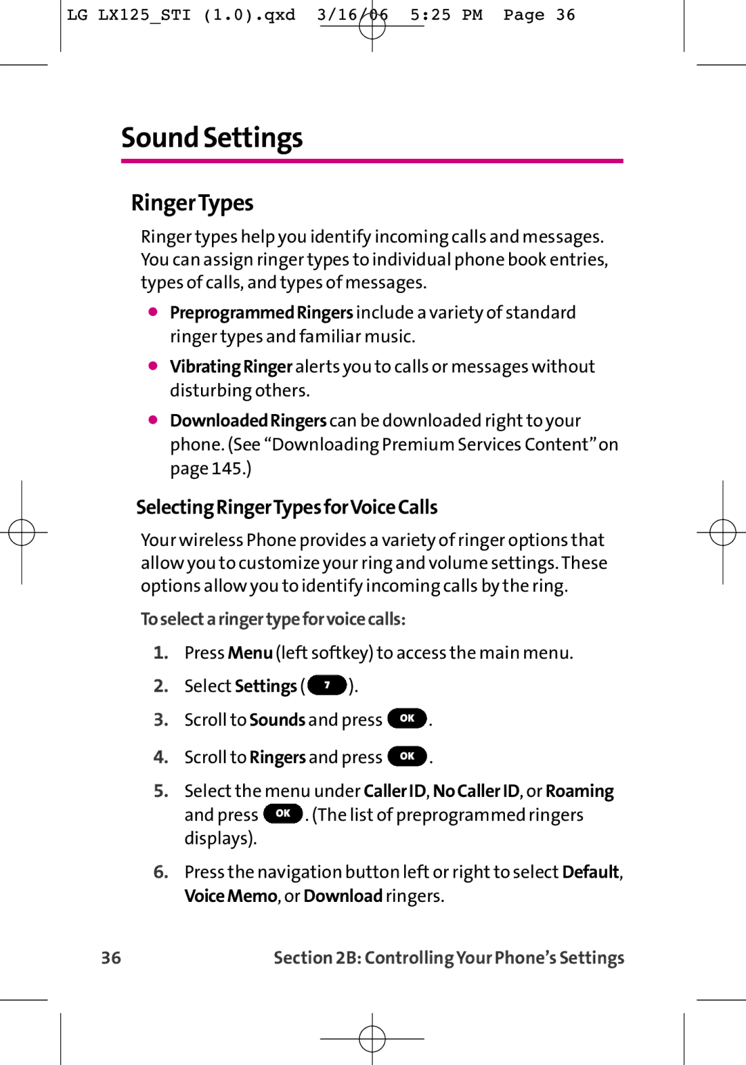 LG Electronics LX125 manual Sound Settings, SelectingRingerTypesforVoiceCalls, Toselectaringertypeforvoicecalls 