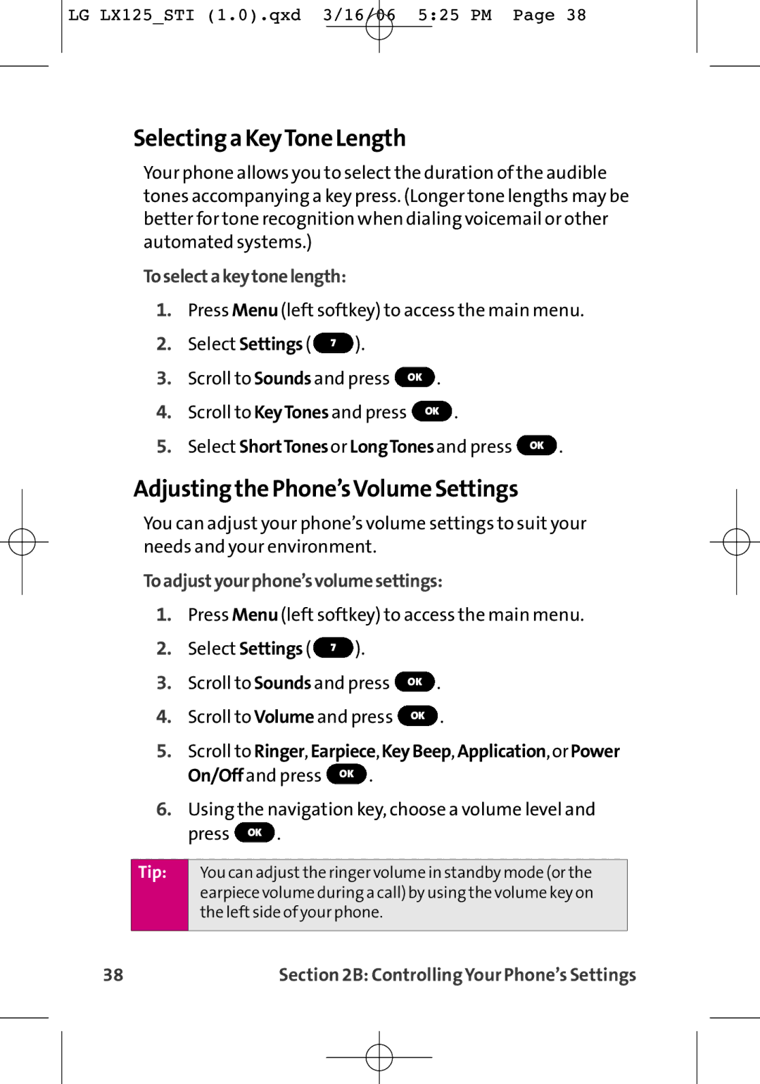 LG Electronics LX125 manual Selecting a KeyTone Length, Adjusting the Phone’sVolume Settings, Toselectakeytonelength 