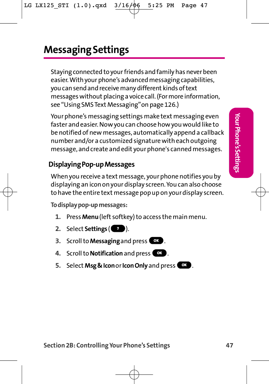 LG Electronics LX125 manual Messaging Settings, DisplayingPop-upMessages, Todisplaypop-upmessages 