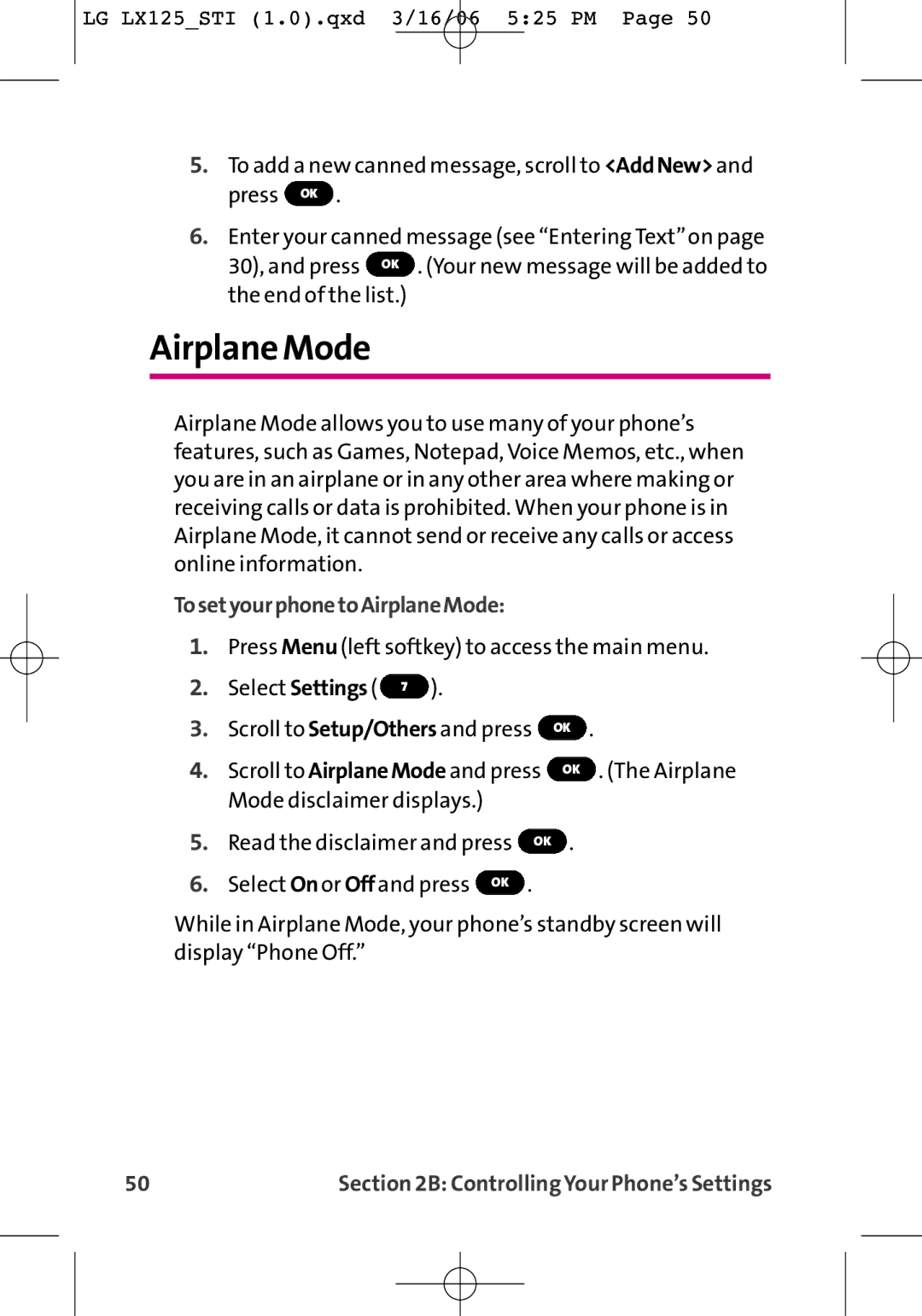 LG Electronics LX125 manual Airplane Mode, TosetyourphonetoAirplaneMode 