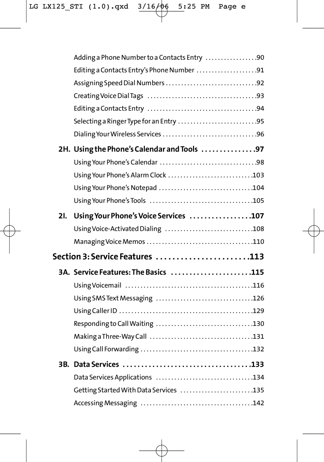 LG Electronics LX125 manual Service Features, 107, 115, 3B. Data Services 