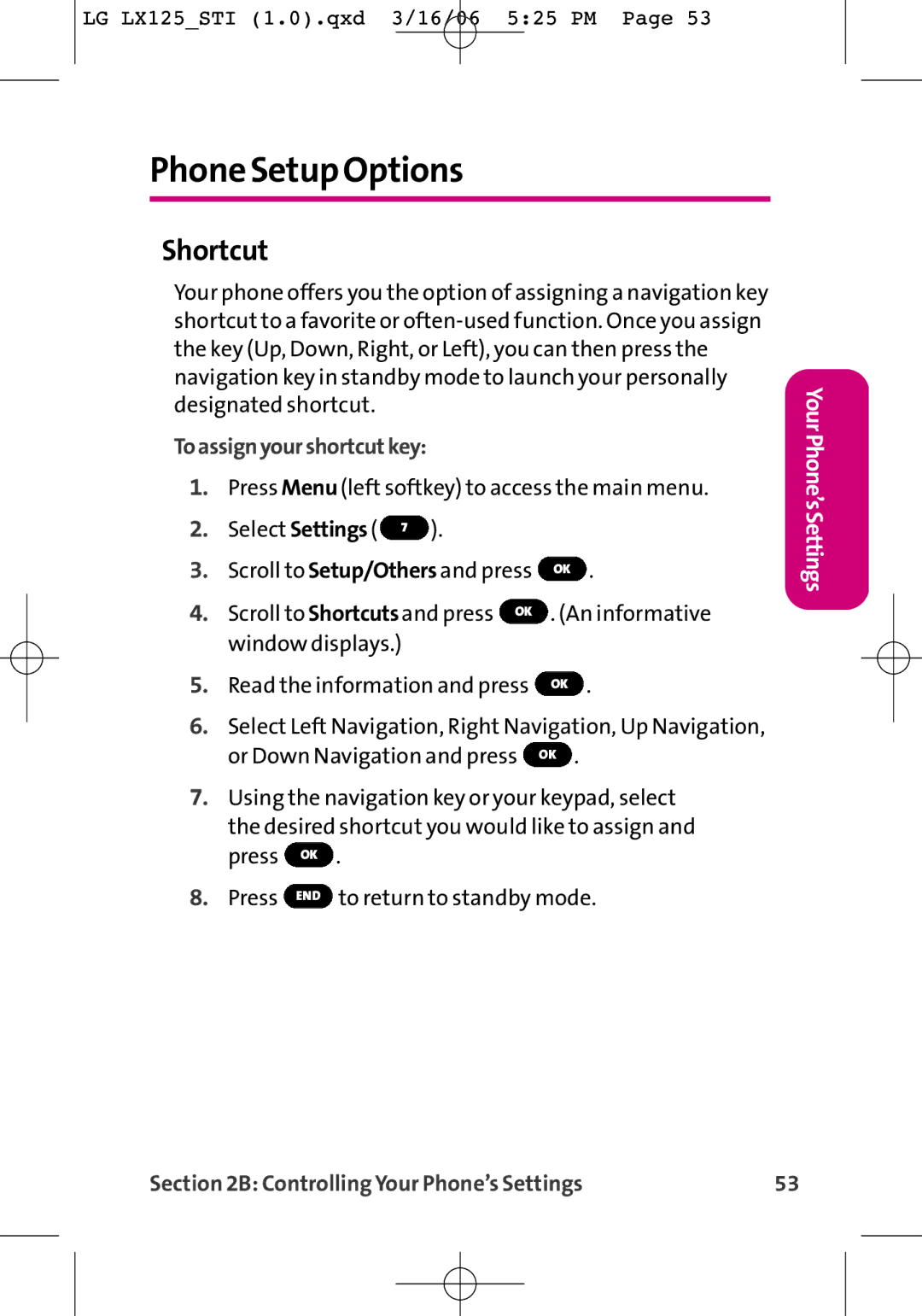 LG Electronics LX125 manual Phone Setup Options, Shortcut, Toassignyourshortcutkey 