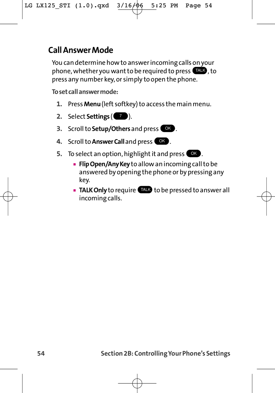 LG Electronics LX125 manual Call Answer Mode, Tosetcallanswermode 