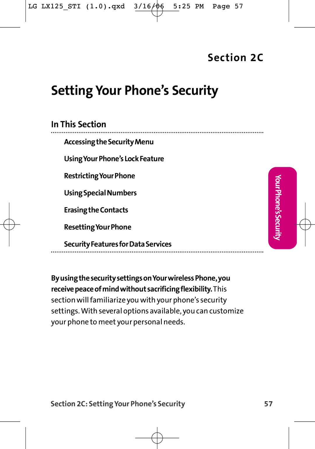 LG Electronics LX125 manual Setting Your Phone’s Security 