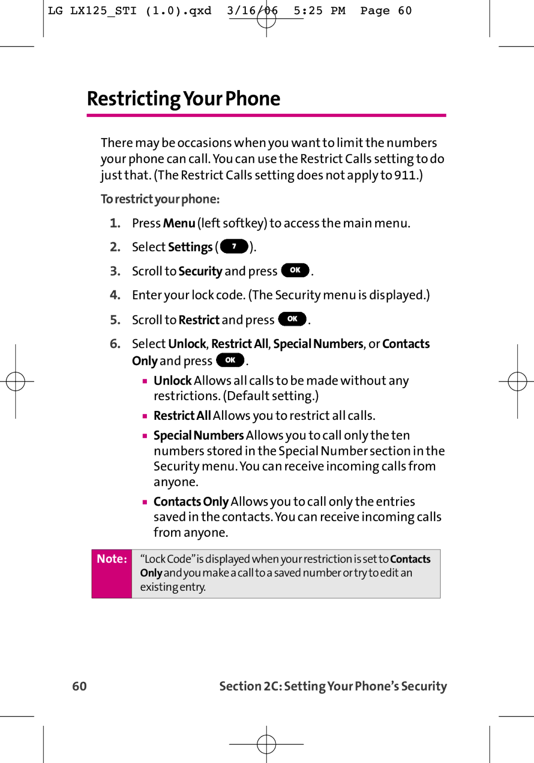 LG Electronics LX125 RestrictingYour Phone, Torestrictyourphone, Select Unlock, RestrictAll, SpecialNumbers, or Contacts 