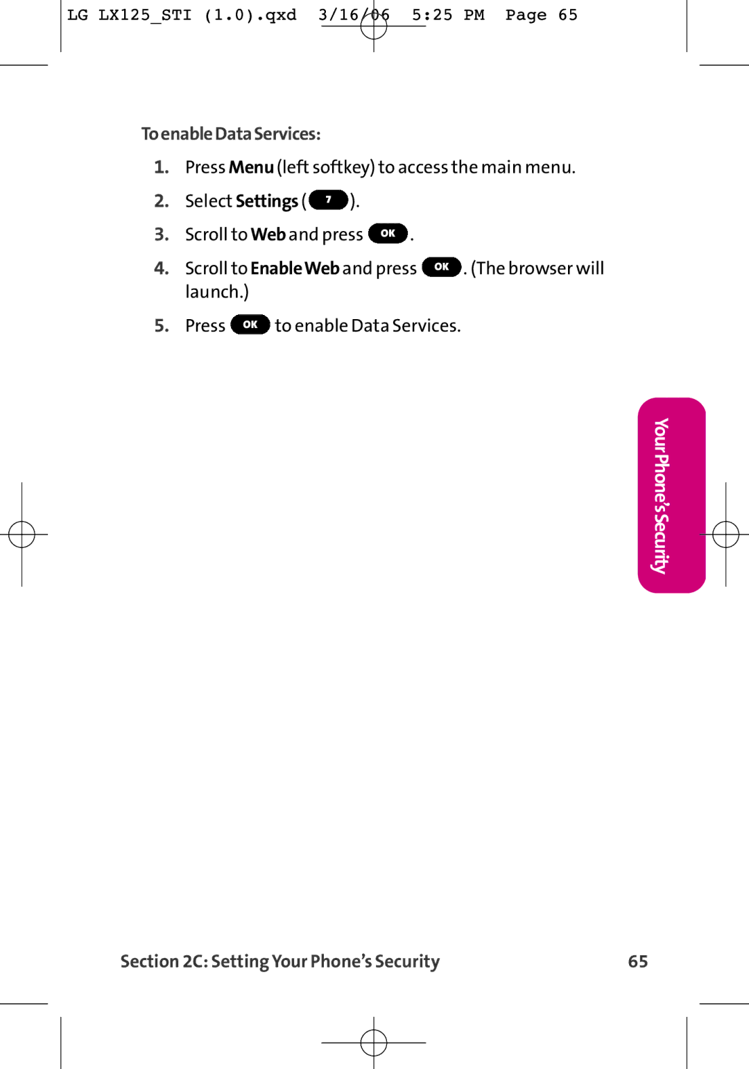 LG Electronics LX125 manual ToenableDataServices 