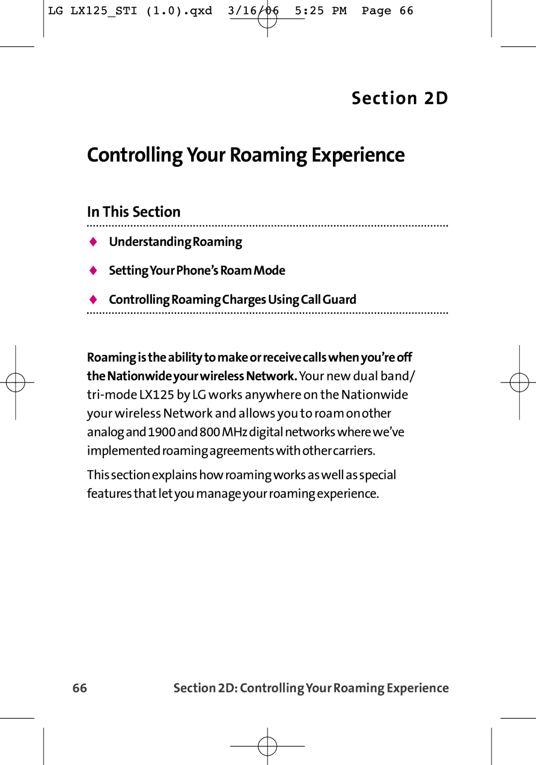 LG Electronics LX125 manual Controlling Your Roaming Experience, This Section 