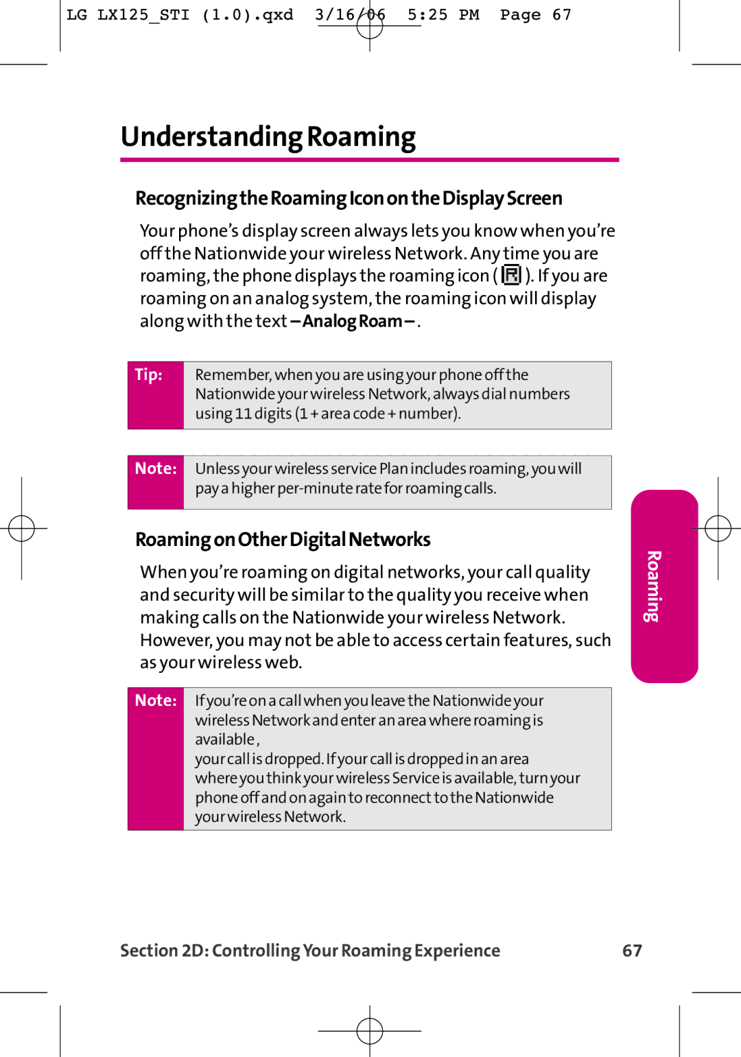 LG Electronics LX125 Understanding Roaming, RecognizingtheRoamingIconontheDisplayScreen, RoamingonOtherDigitalNetworks 