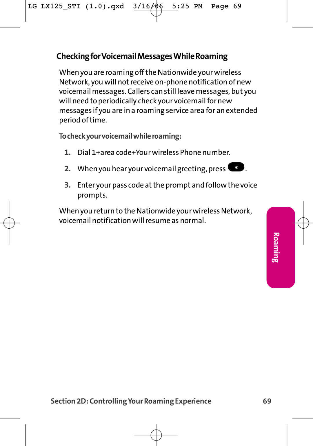 LG Electronics LX125 manual CheckingforVoicemailMessagesWhileRoaming, Tocheckyourvoicemailwhileroaming 