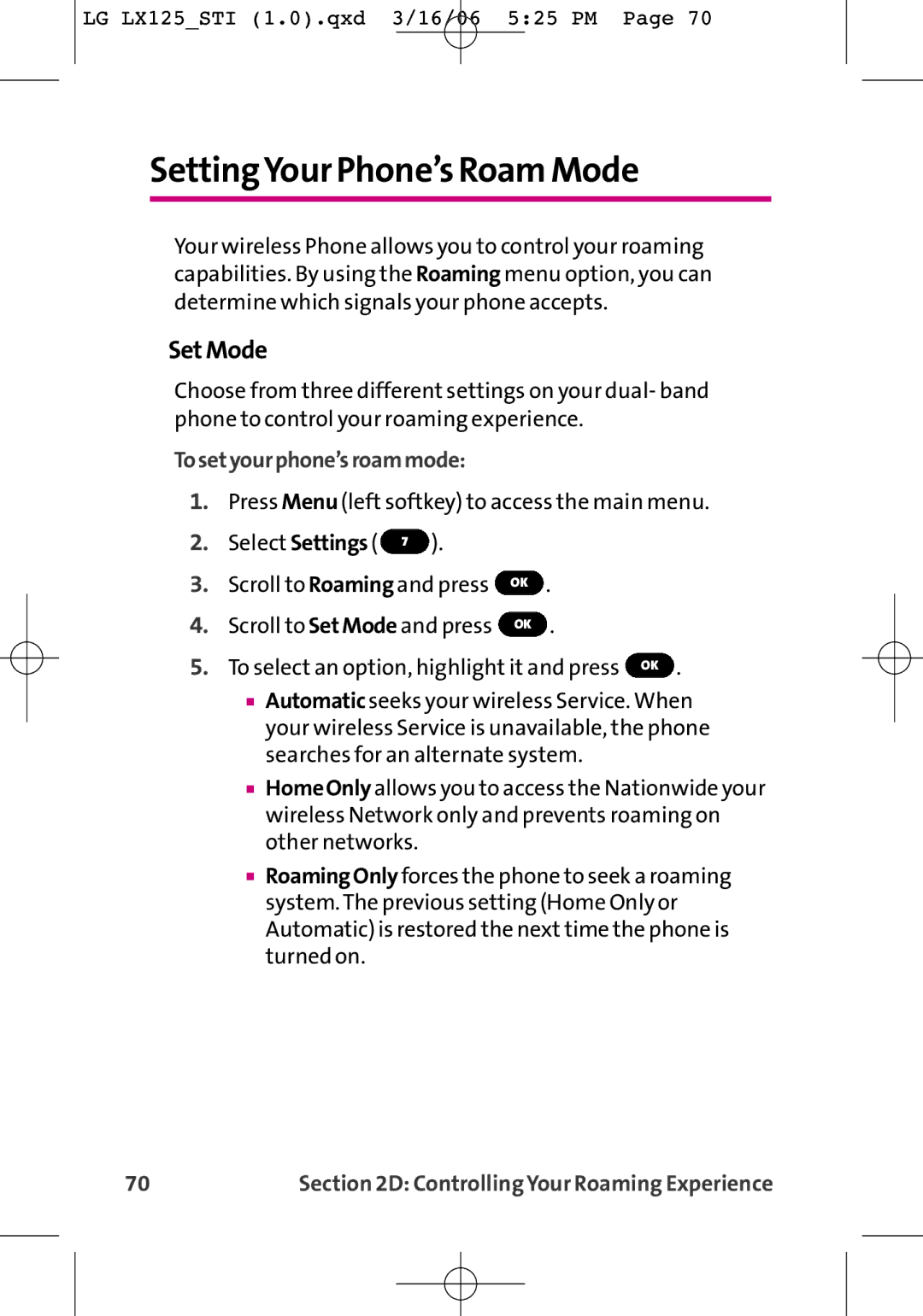 LG Electronics LX125 manual SettingYour Phone’s Roam Mode, Set Mode, Tosetyourphone’sroammode 