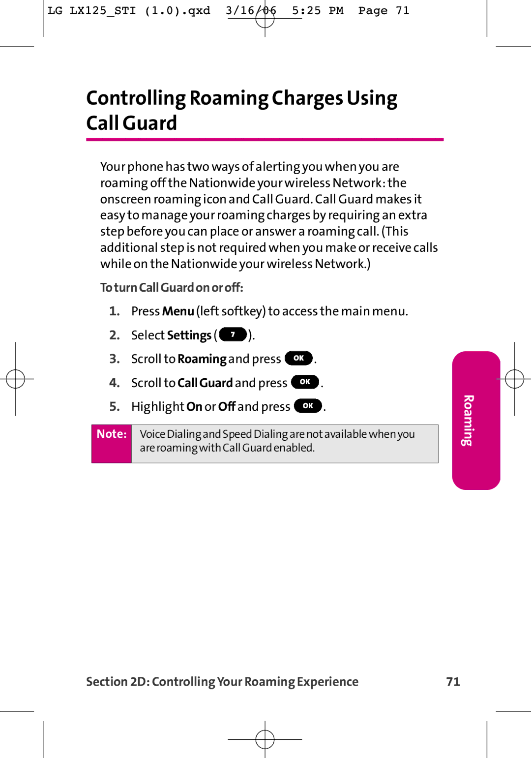 LG Electronics LX125 manual Controlling Roaming Charges Using Call Guard, ToturnCallGuardonoroff 