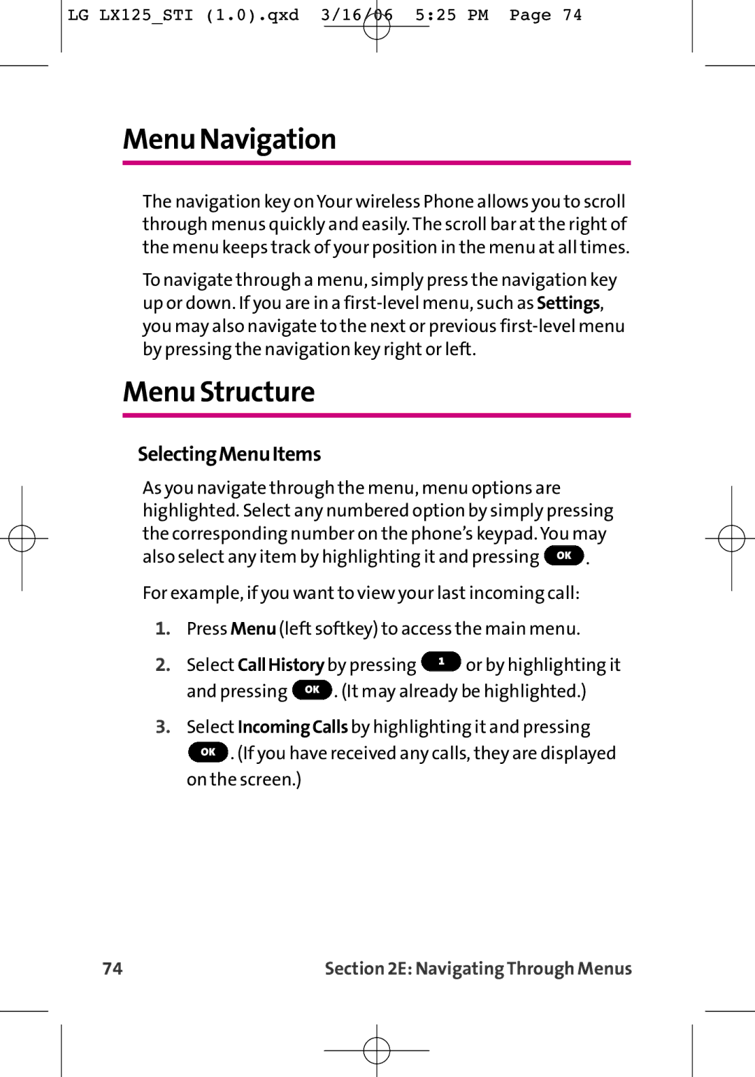 LG Electronics LX125 manual Menu Navigation, Menu Structure, SelectingMenuItems 