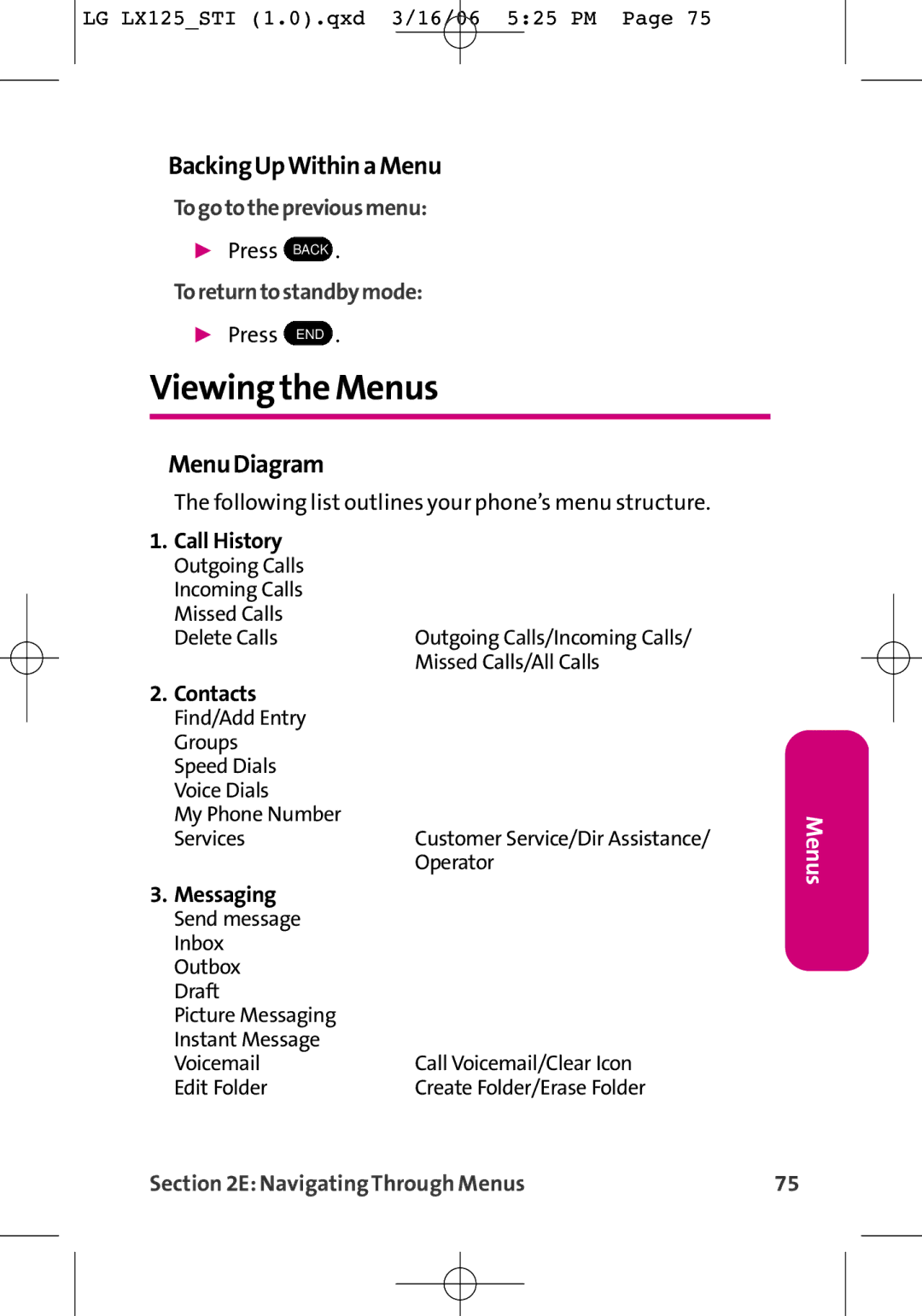 LG Electronics LX125 Viewing the Menus, BackingUpWithinaMenu, MenuDiagram, Togotothepreviousmenu, Toreturntostandbymode 