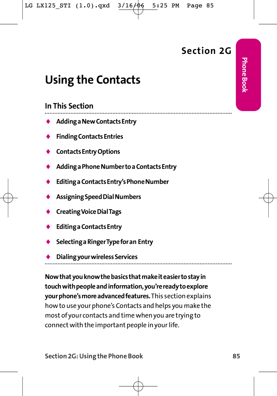 LG Electronics LX125 manual Using the Contacts, Using the Phone Book 