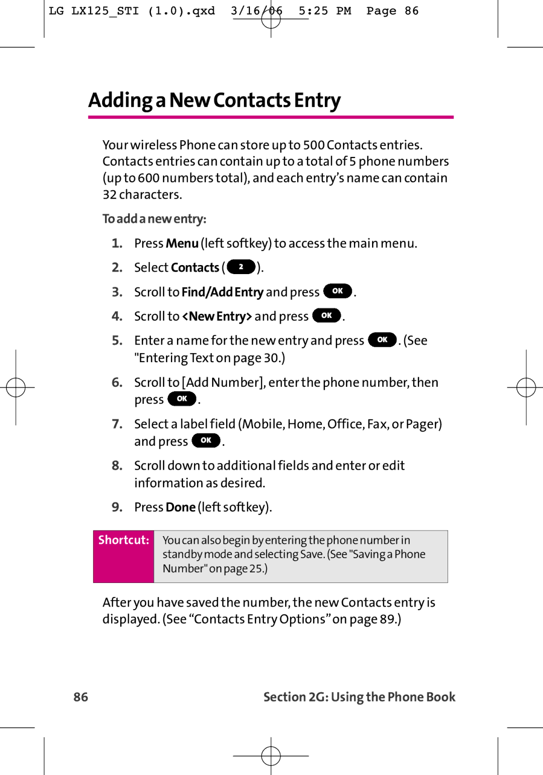 LG Electronics LX125 manual Adding a New Contacts Entry, Toaddanewentry 