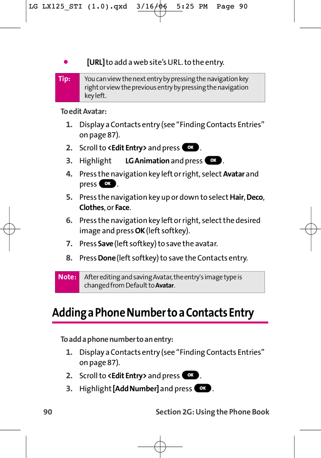 LG Electronics LX125 manual AddingaPhoneNumbertoaContactsEntry, ToeditAvatar, LGAnimation and press OK 