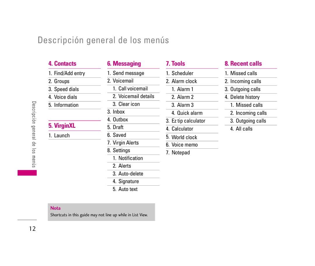 LG Electronics LX140 manual Descripción general de los menús, Contacts, Tools Recent calls, VirginXL 