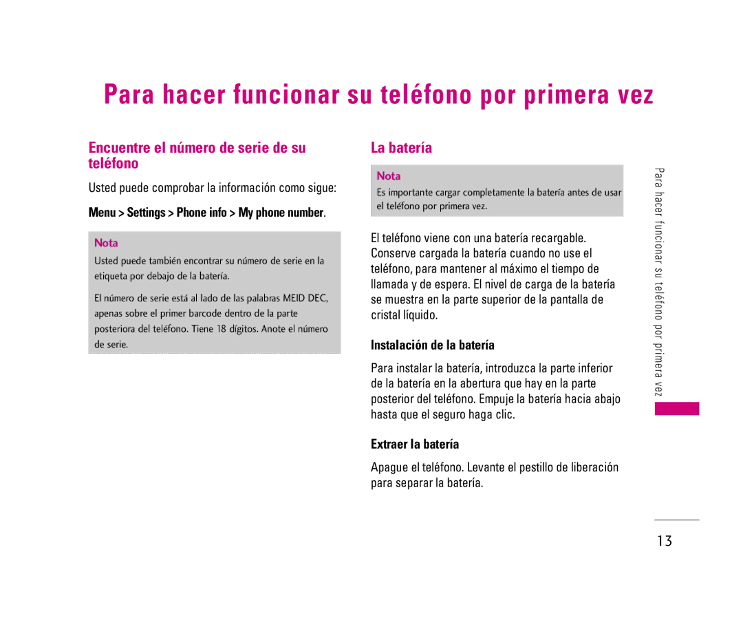 LG Electronics LX140 manual Encuentre el número de serie de su teléfono, La batería, Instalación de la batería 