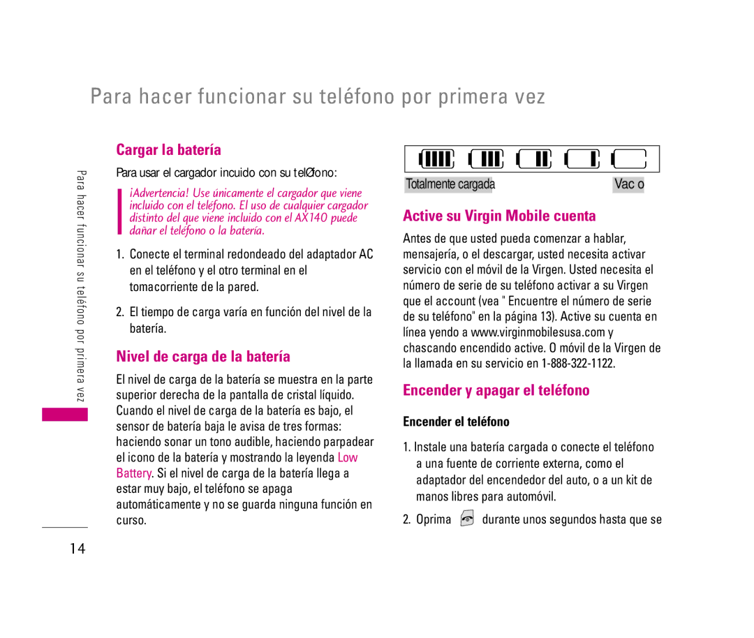 LG Electronics LX140 Para hacer funcionar su teléfono por primera vez, Cargar la batería, Nivel de carga de la batería 