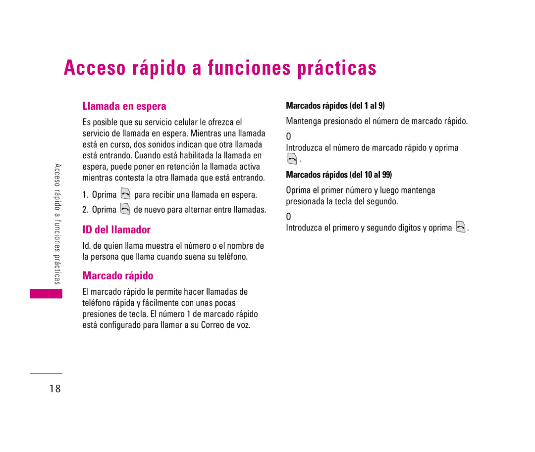 LG Electronics LX140 manual Llamada en espera, ID del llamador, Marcado rápido, Marcados rápidos del 1 al 