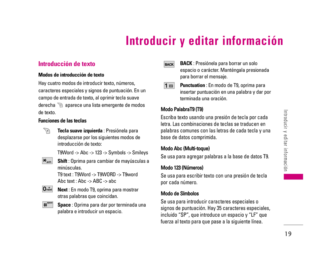 LG Electronics LX140 manual Introducción de texto, Modos de introducción de texto, Funciones de las teclas 