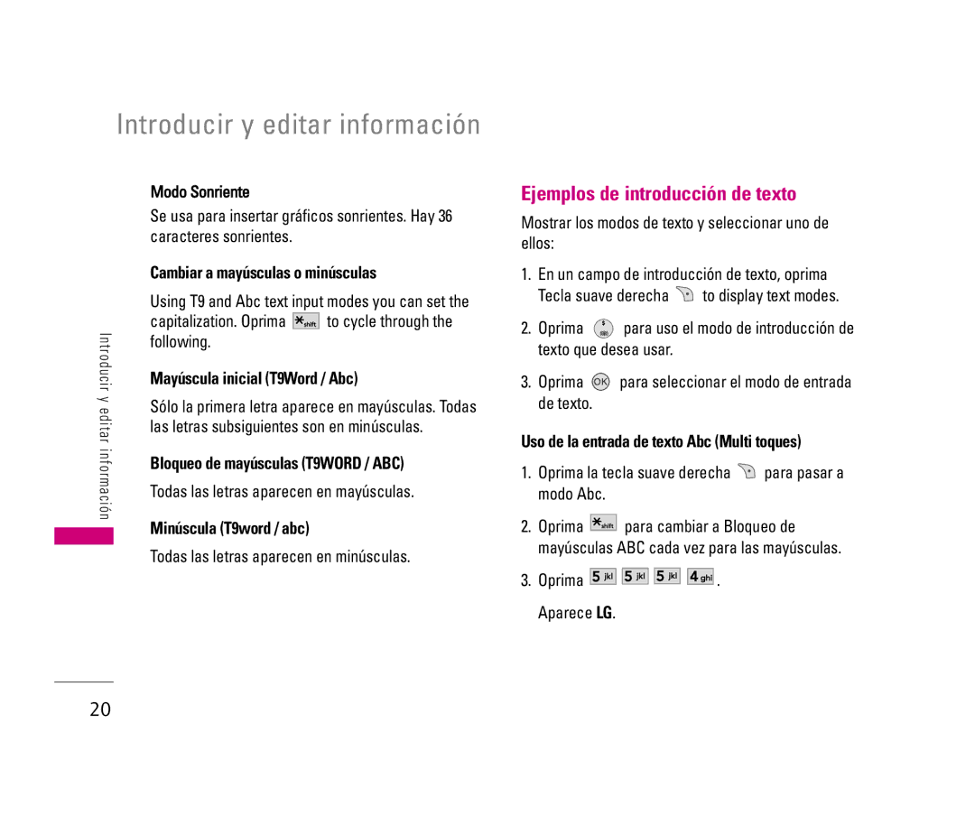 LG Electronics LX140 manual Introducir y editar información, Ejemplos de introducción de texto 